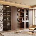 Modern Wooden Bookcase With Glass Doors And Marble Accents In Living Room