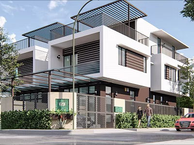 Modern Two Story Detached Villa Exterior With Balcony Greenery And Fence Design 3d model