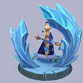 Magical Character In Blue Gold Clothing Standing With Ice Elemental Creature Blue Crystal Structure Holding Staff