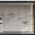 Chinese Style Background Wall with Mountain Landscape Flying Birds and Marble Pedestal Sculpture
