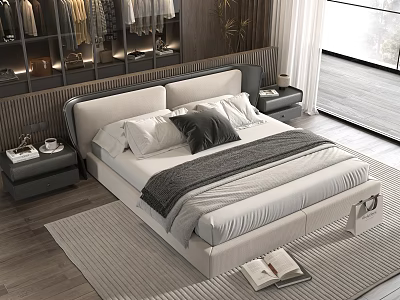 Modern Double Bed Interior With White Bedding Black Pillows And Wooden Nightstands 3d model