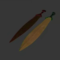 Two Ancient Swords Green Rusted And Copper Colored Displayed Side By Side On Gray Background