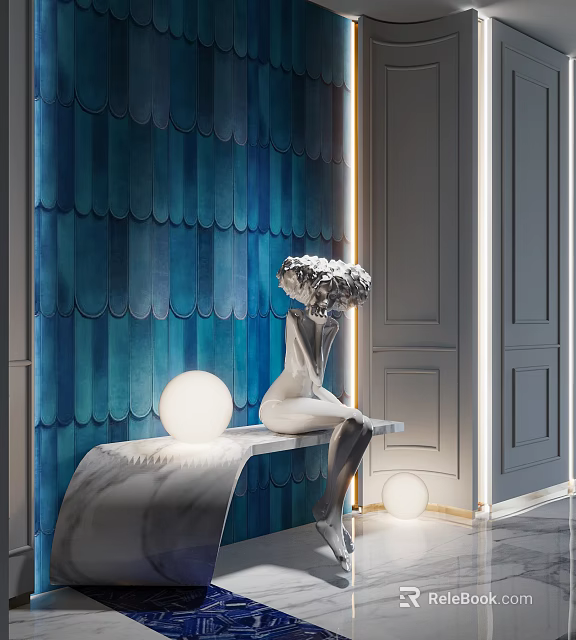 Elegant Entryway Hallway Featuring Blue Scalloped Wall Silver Sculpture Marble Bench And Spherical Lights 3d model 