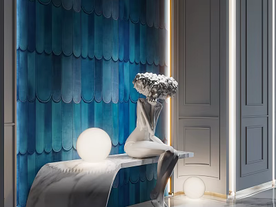 Elegant Entryway Hallway Featuring Blue Scalloped Wall Silver Sculpture Marble Bench And Spherical Lights 3d model