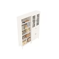 White Console And Side Cabinet With Open Shelves Storage Drawers And Decorative Jars