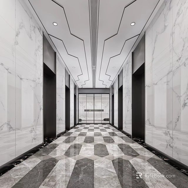 Modern Elevator Lobby Interior Design With Marble Walls Geometric Flooring And Elevator Doors 3d model