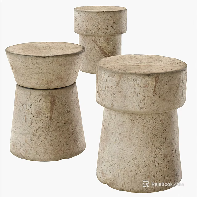 Three Beige Textured Stone Side Tables With Simple Cylindrical Modern Design 3d model 