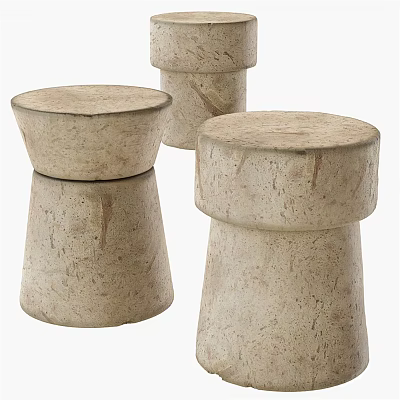 Three Beige Textured Stone Side Tables With Simple Cylindrical Modern Design 3d model