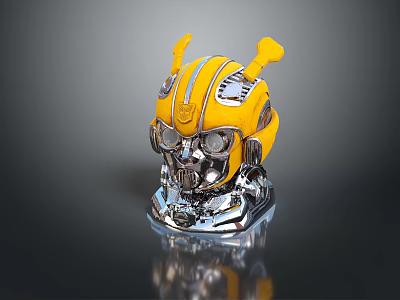 Decorative Yellow Robot Head with Black Stripes Antennas Silver Metallic Base 3d model