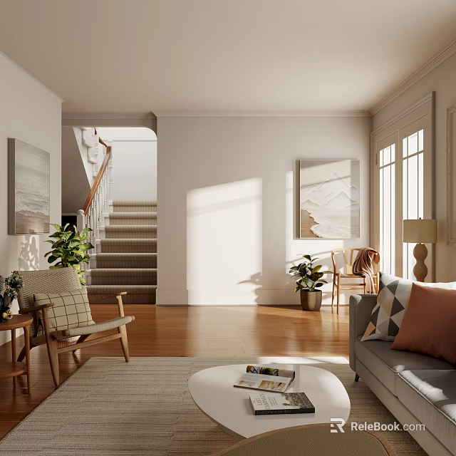 Bright Sunlit Cozy Modern Living Room With Polished Hardwood Floors And Comfortable Home Furnishings 3d model 