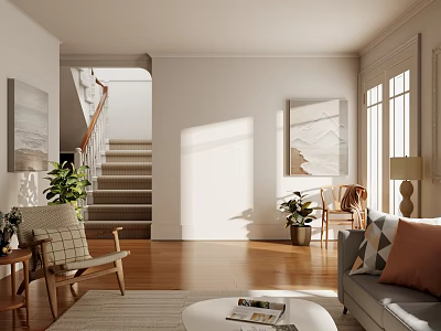 Bright Sunlit Cozy Modern Living Room With Polished Hardwood Floors And Comfortable Home Furnishings 3d model