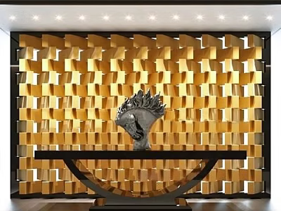 Modern Console Table With Golden Geometric Pattern Wall And Decorative Sculpture In Elegant Interior Space 3d model