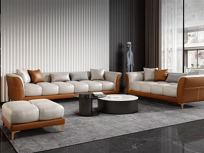 Modern Elegant Sofa and Coffee Table Set with Leather Upholstery Round Tables Footstool and Rug 3d model