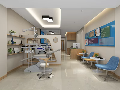 Dental Clinic Interior With Treatment Chair Equipment Waiting Area Seating And Wall Decorations 3d model