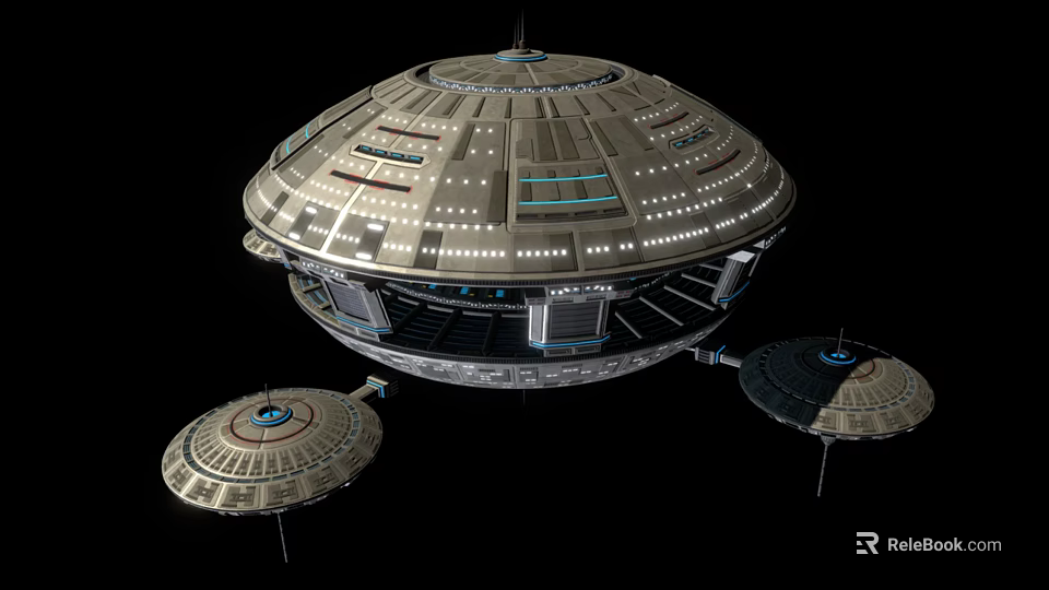 Futuristic Disc Shaped Spaceship Structure With Multiple Circular Sections And Lights 3d model