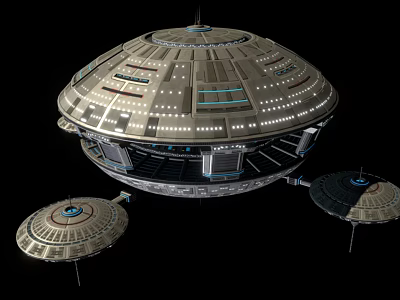 Futuristic Disc Shaped Spaceship Structure With Multiple Circular Sections And Lights 3d model