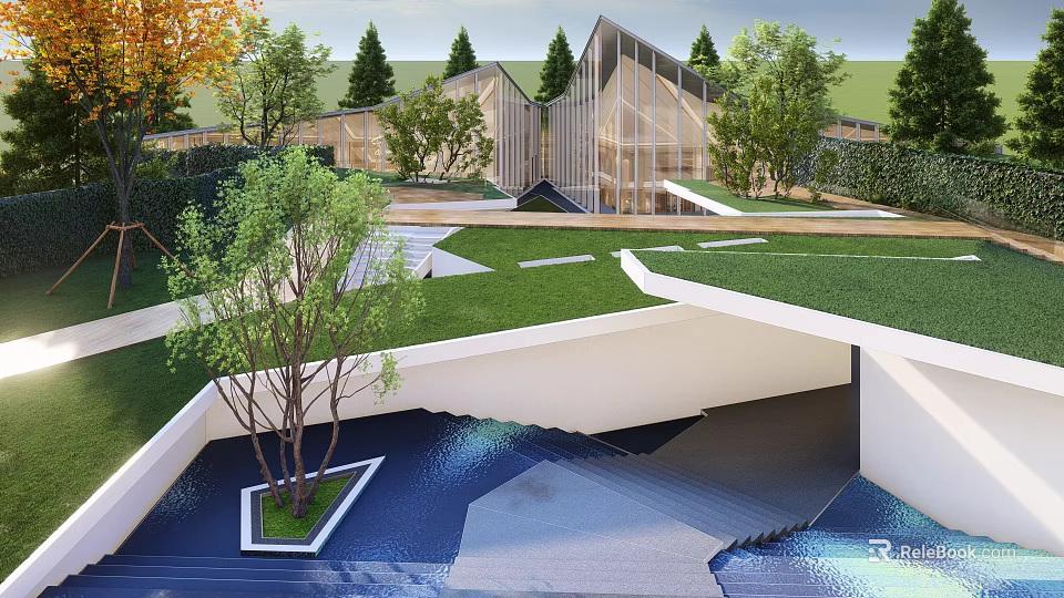 Modern Garden Landscape Design With Green Lawn Trees Water Feature And Pathways 3d model 