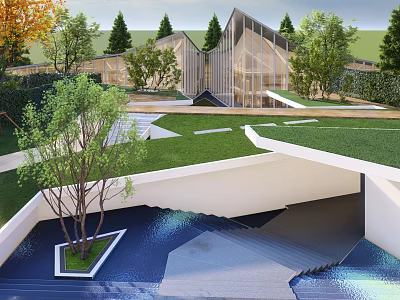 Modern Garden Landscape Design With Green Lawn Trees Water Feature And Pathways 3d model