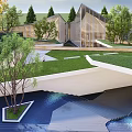 Modern Garden Landscape Design With Green Lawn Trees Water Feature And Pathways