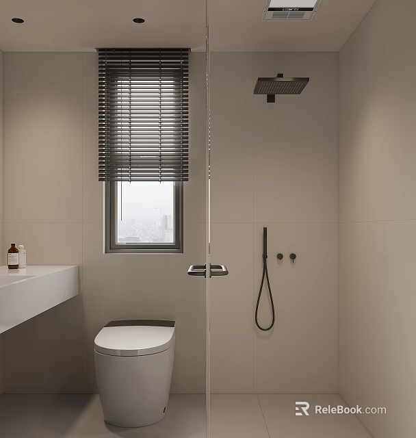 Modern Bathroom Interior Design With Window Blinds Toilet Sink And Shower Area 3d model 
