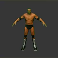 Shirtless Male Wrestler In Black Trunks With Wristbands And Checkered Boots On Gray Background