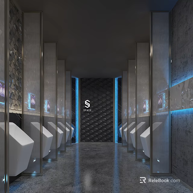 Modern Public Restroom Interior With Male Urinals Blue Lighting Dark Walls And Geometric Patterns 3d model 