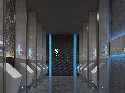 Modern Public Restroom Interior With Male Urinals Blue Lighting Dark Walls And Geometric Patterns 3d model