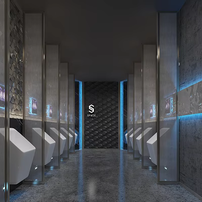 Modern Public Restroom Interior With Male Urinals Blue Lighting Dark Walls And Geometric Patterns 3d model