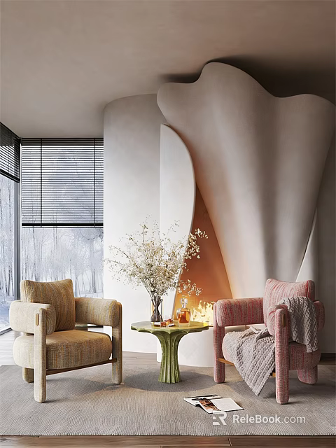 Modern Curved Wall With Beige Pink Leisure Chairs Green Side Table White Flowers And Blinds 3d model 