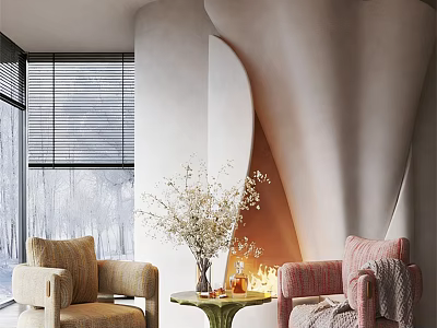Modern Curved Wall With Beige Pink Leisure Chairs Green Side Table White Flowers And Blinds 3d model