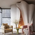 Modern Curved Wall With Beige Pink Leisure Chairs Green Side Table White Flowers And Blinds