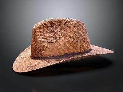 Woven Straw Hat With Wide Brim Natural Texture Brown Summer Casual Accessory 3d model