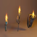 Three Torch Shaped Metallic Wall Sconces With Realistic Flame Design