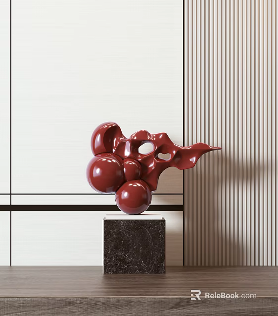 Shower Sauna Interior Featuring Red Sculpture On Black Marble Base And Striped Walls 3d model 