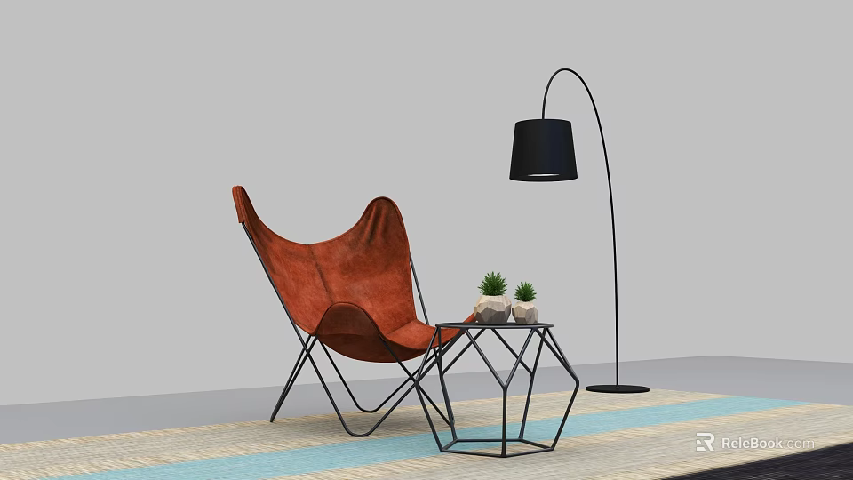 Orange Leisure Chair With Leather Upholstery Black Metal Legs Hexagon Table Plants And Floor Lamp 3d model 