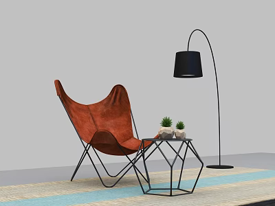 Orange Leisure Chair With Leather Upholstery Black Metal Legs Hexagon Table Plants And Floor Lamp 3d model