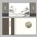 Chinese Style Background Wall With Mountain Landscape Painting Circular Decor And Wooden Panels Lighting