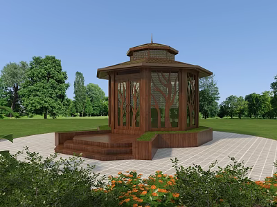 Wooden Octagonal Gazebo In Outdoor Garden With Green Lawn Trees And Flower Bushes 3d model