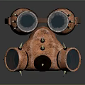 Rusty Copper Goggle Shaped Object Featuring Large Circular Lenses Spikes And Components