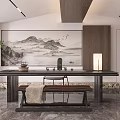 Traditional Chinese Tea Room Interior Design With Mountain Painting Long Table And Wooden Chair