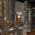 Cozy Restaurant Interior Design With Wooden Bar Counter Hanging Chandelier And Tables Chairs