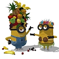 Minions Animated Movie Characters With Fruit Pile On Head Flower Crown And Scattered Fruits