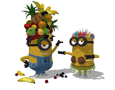 Minions Animated Movie Characters With Fruit Pile On Head Flower Crown And Scattered Fruits 3d model