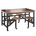 Modern Dining Table Set With Wooden Tabletop And Metal Frame Stools 3d model