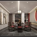 Traditional Roof Open Layout Restaurant With Dining Tables Green Plants And Modern Glass Walls