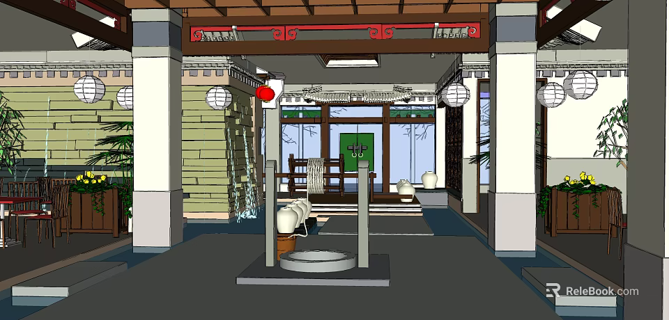 Traditional Restaurant Entrance With Red Beam Lanterns White Columns And Green Door 3d model 