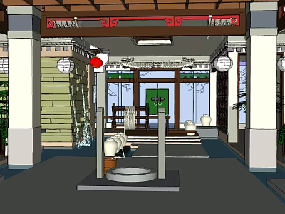 Traditional Restaurant Entrance With Red Beam Lanterns White Columns And Green Door 3d model
