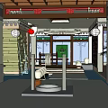 Traditional Restaurant Entrance With Red Beam Lanterns White Columns And Green Door