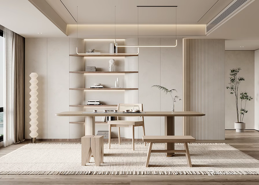 Modern Minimalist Tea Room Interior With Wooden Table Shelves Rug Lighting And Plants 3d model 