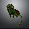 Vibrant Green Chameleon With Yellow Eyes And Red Stripes On Gray Background